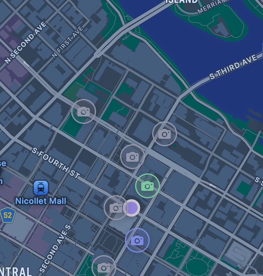 Nearby camera markers in the FlockOff Minneapolis map