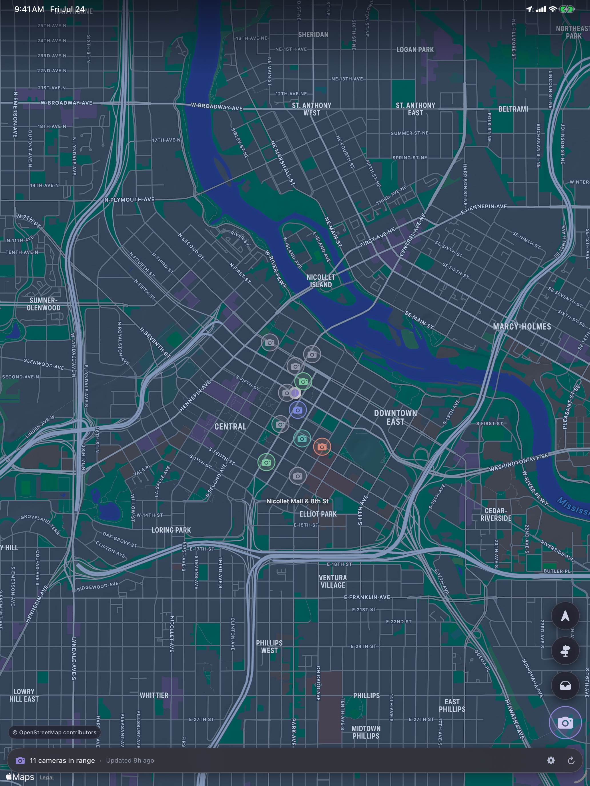 FlockOff iPad map showing a wider view of Minneapolis