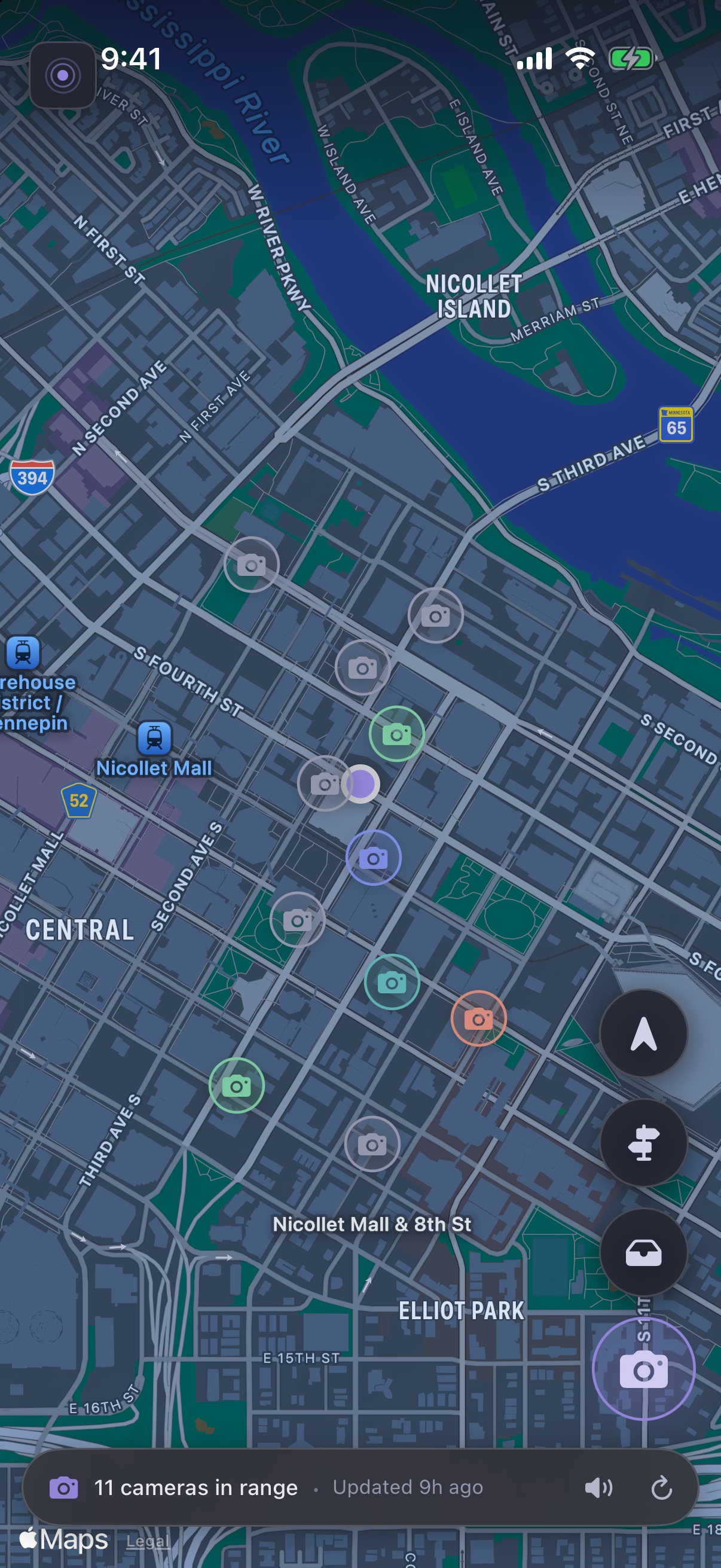 FlockOff on iPhone showing mapped cameras around downtown Minneapolis