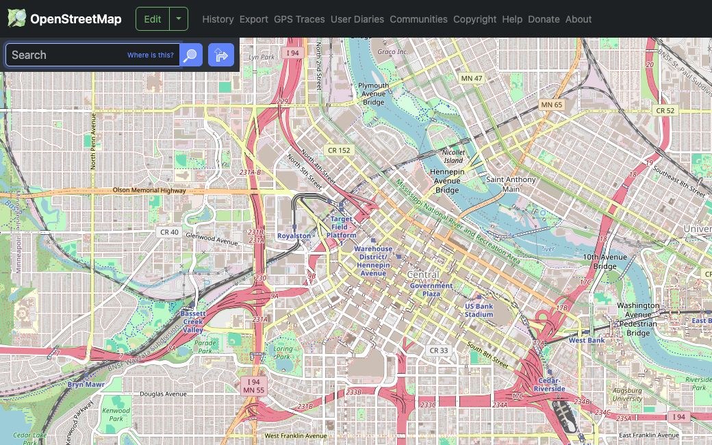 OpenStreetMap website showing Minneapolis